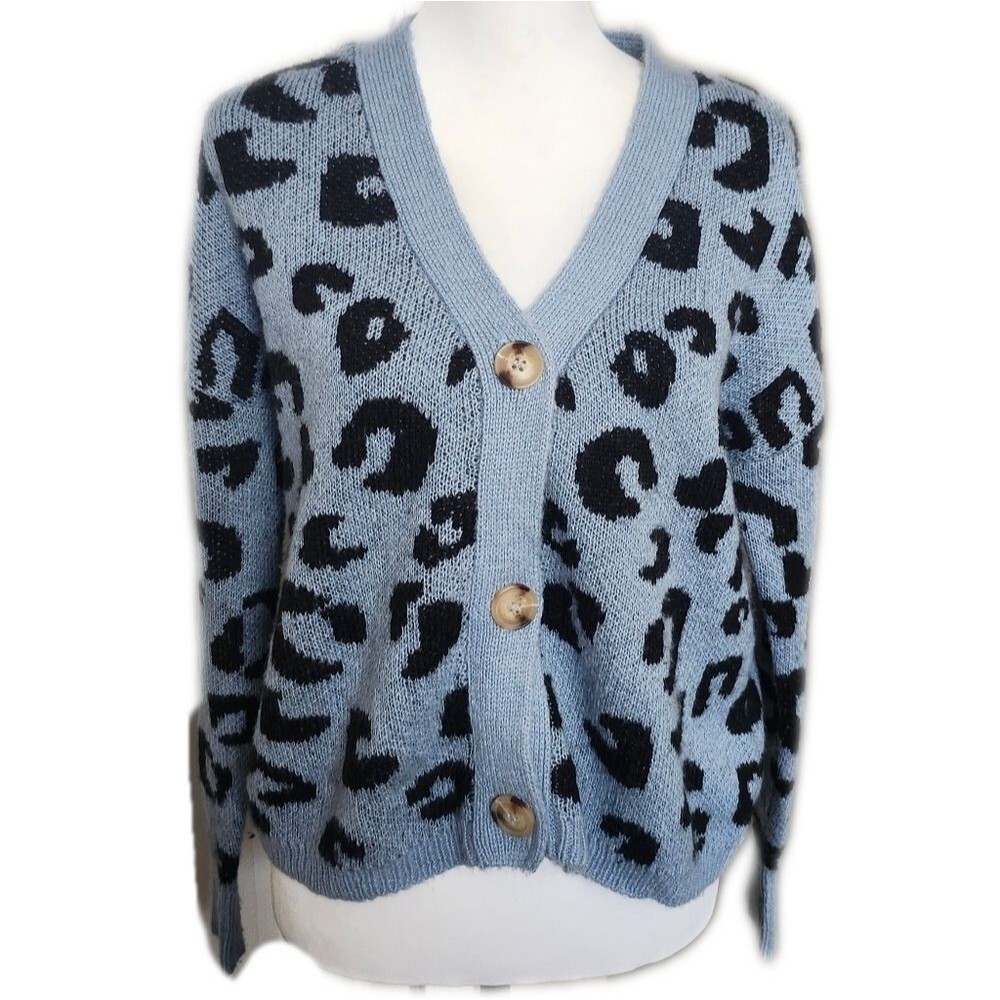 C&C California Dusty Blue & Black Animal Print V-neck Cardigan, S